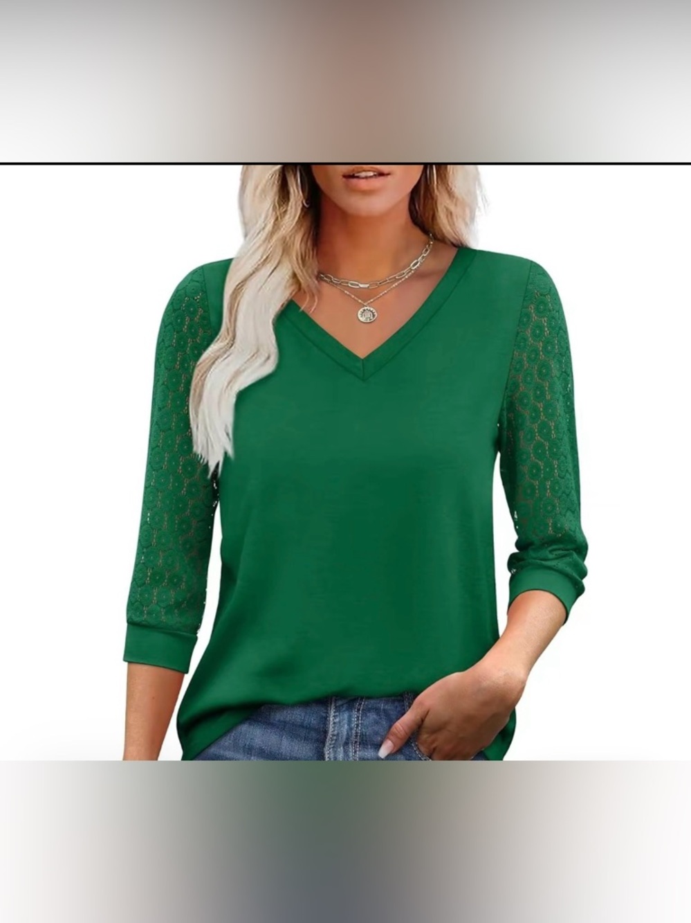 Women's Emerald Green 3/4 sleeve V-Neck Lace Sleeve Top. XXL NWT